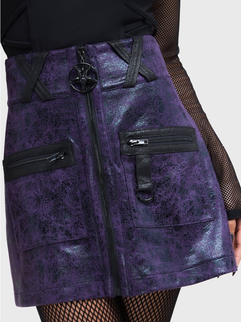 KILLSTAR Nephralia Faux Leather Pentagram Front Zip Mini Skirt Purple Black XS